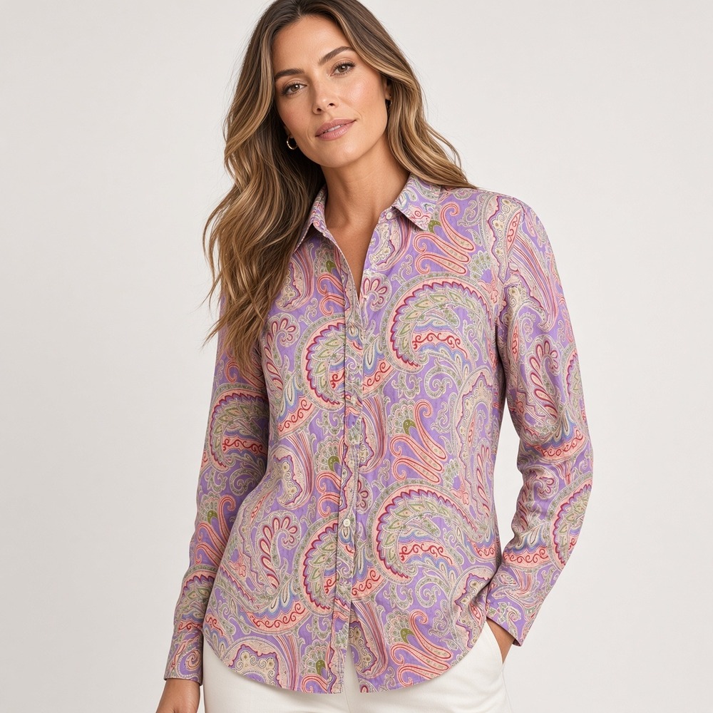 Lauren Ralph Lauren Women 2X Purple Paisley 100% Linen Button Down Shirt LRL